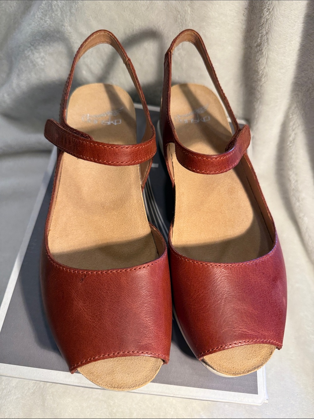 Dansko Women’s Marcy Waxy Burnished Chili Leather Slingback Peep-Toe Sandals